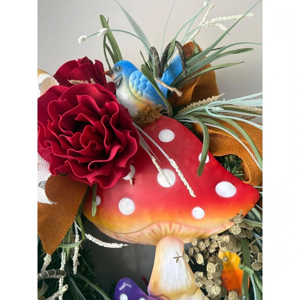 Whimsical Mushroom Wreath Front Door Enchanted Woodland Cottagecore Bluebird
